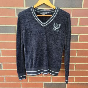 Armani Exchange Black Silver V-Neck Womens Pullover Size Small Plush Logo